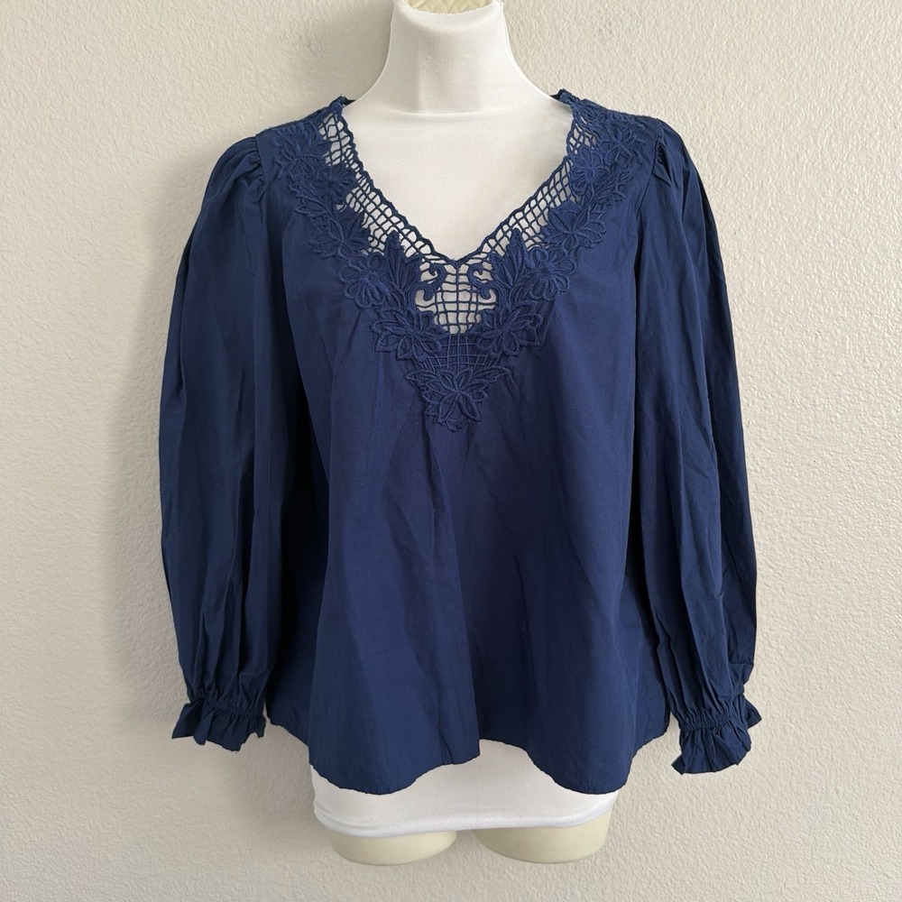J. Crew Women's Small Navy Top Blouse Crochet Embroidered Puff Sleeve Boho